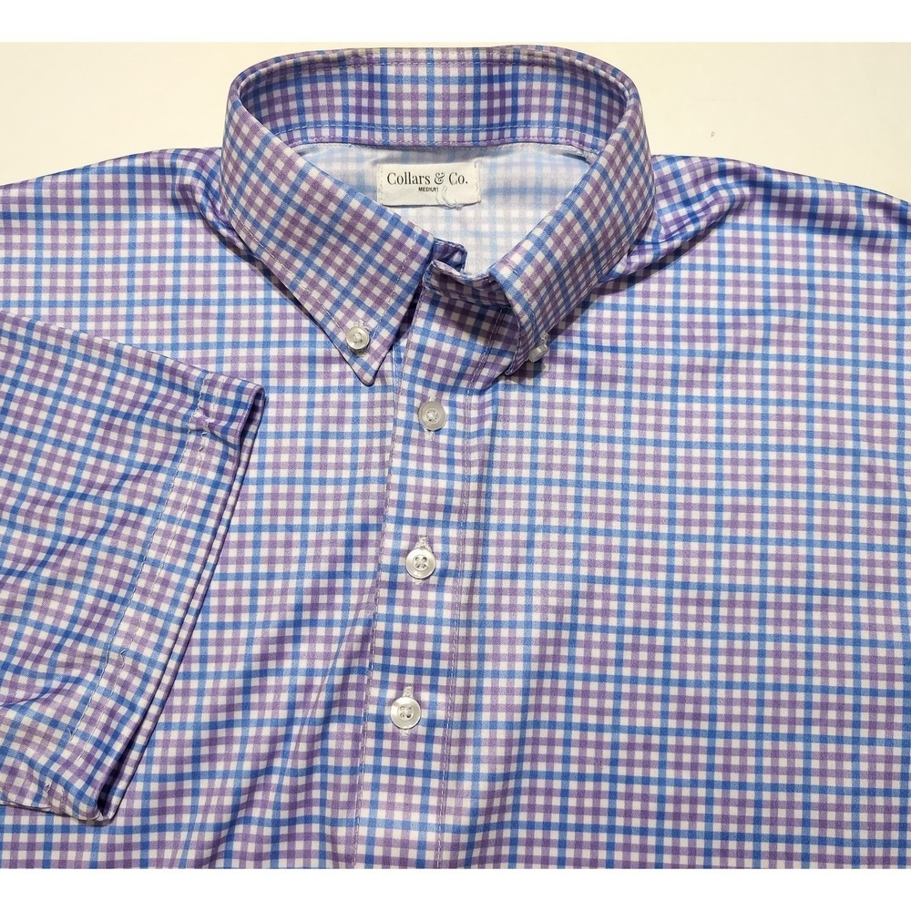 COLLARS & CO. Short Sleeve Dress Polo Shirt Blue Purple Checks Plaid Medium M